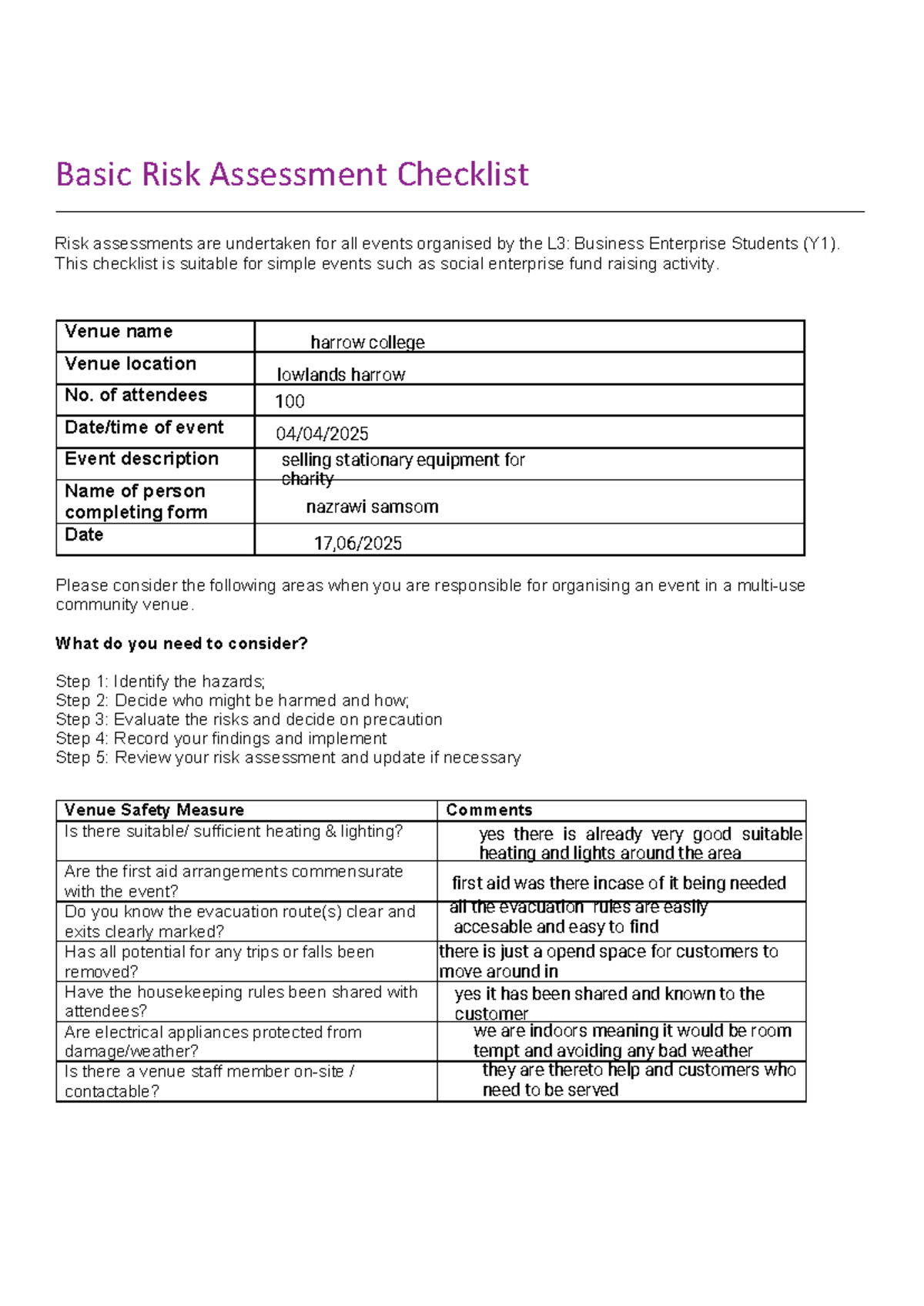 L3: Business Enterprise Risk Assessment Checklist for Events - Studocu