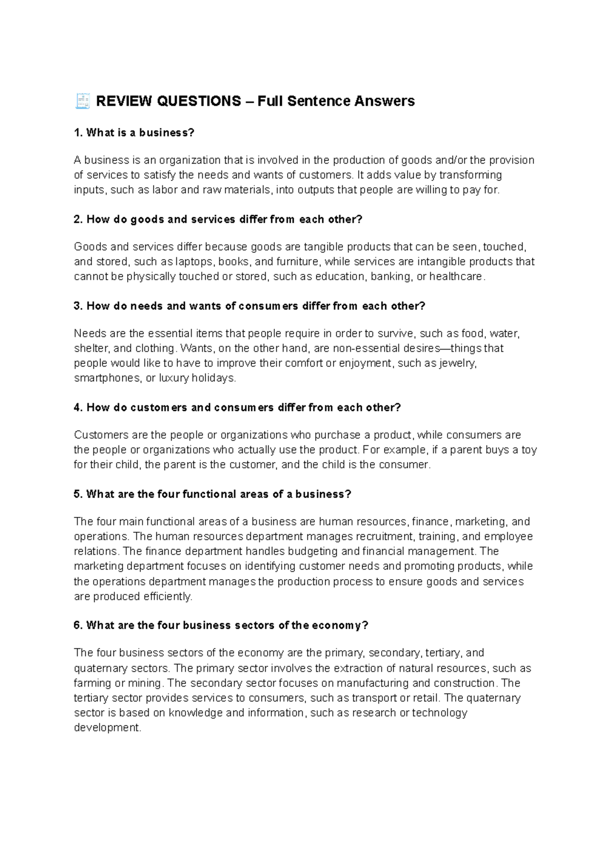 REVIEW QUESTIONS: Business Concepts & Definitions (BUS101) - Studocu