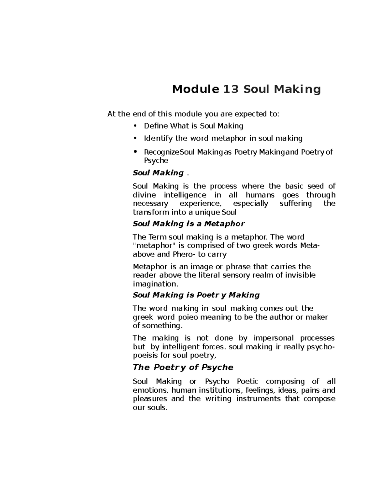 Week 13: Exploring Soul Making as Poetry and Metaphor - Studocu