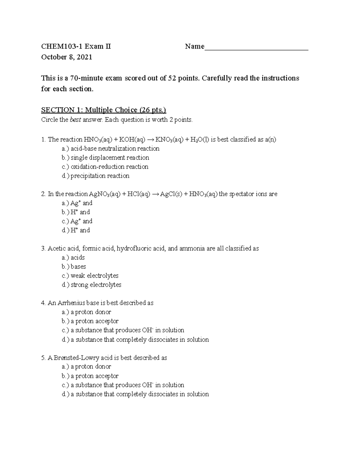 CHEM103-1 Exam II F21 - Practice Questions and Review Guide - Studocu
