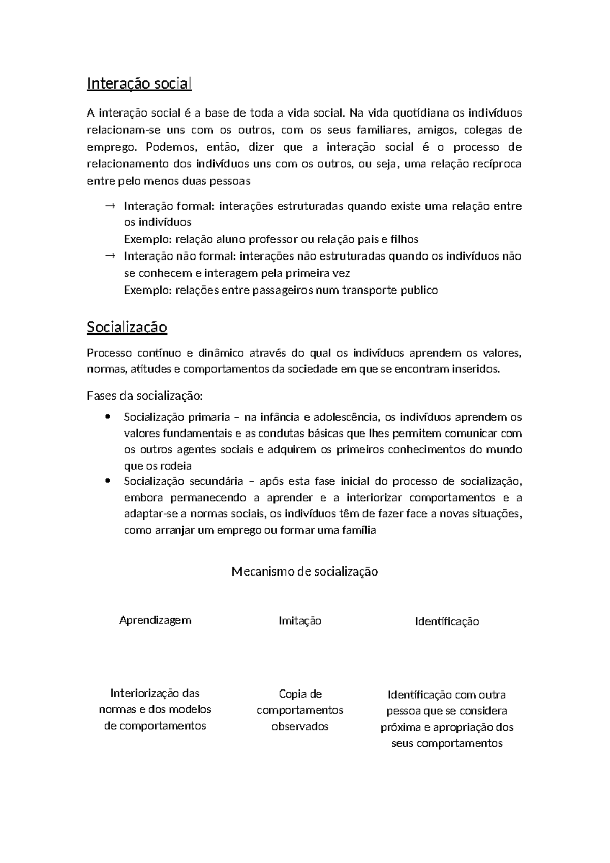 Resumos sobre Interação Social e Socialização em Sociologia - Studocu