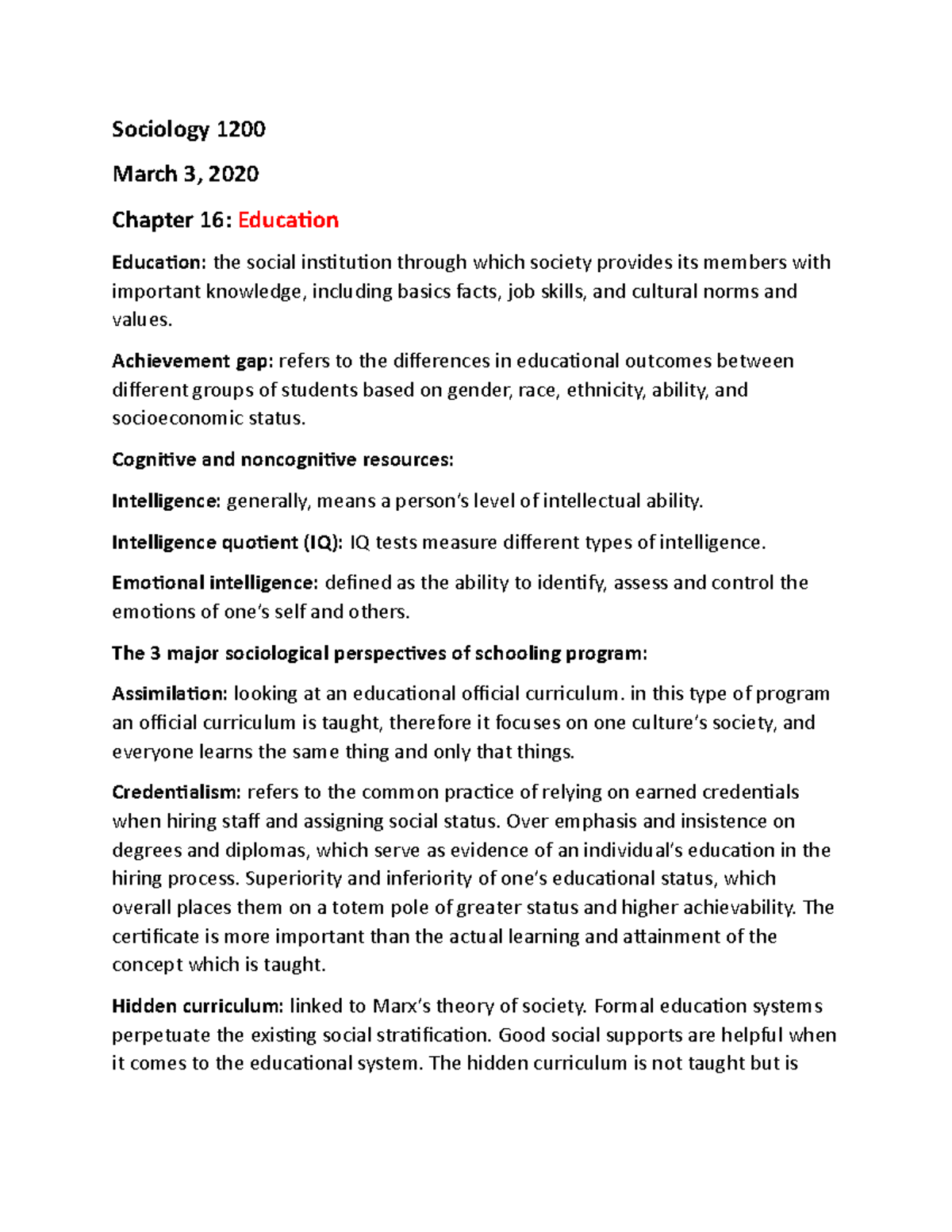 Sociology 1200 Chapter 16: Key Notes on Education Concepts - Studocu