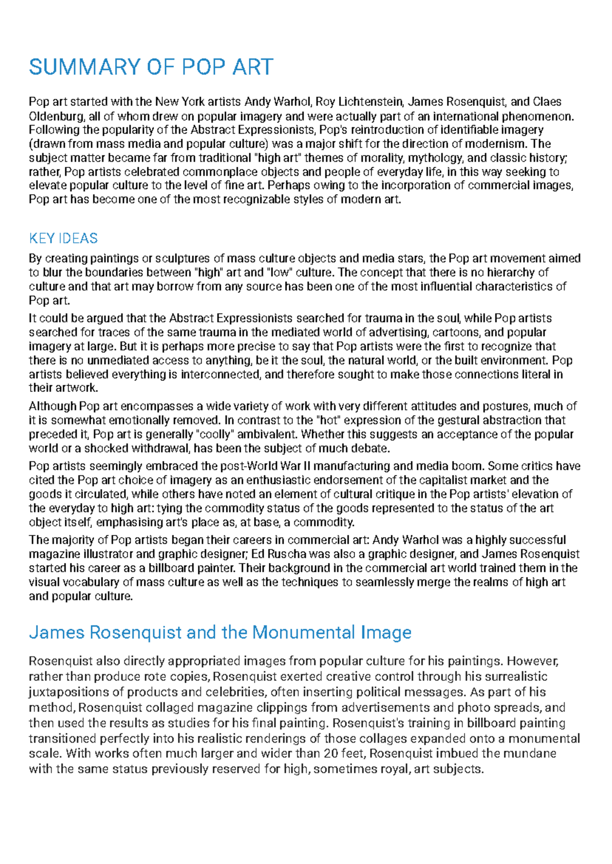 Pop Art Notes: Summary of Key Concepts and Artists - Studocu