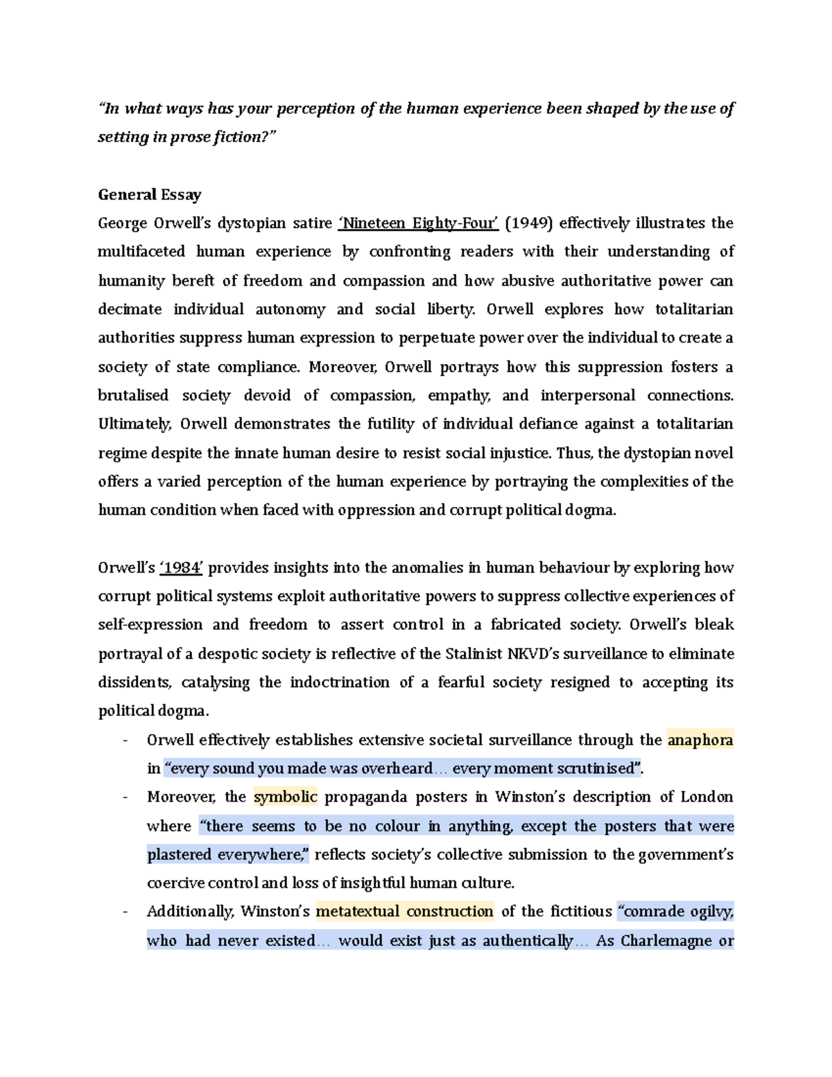 Common Mod 1984 Essay: Exploring Human Experience in Dystopia - Studocu