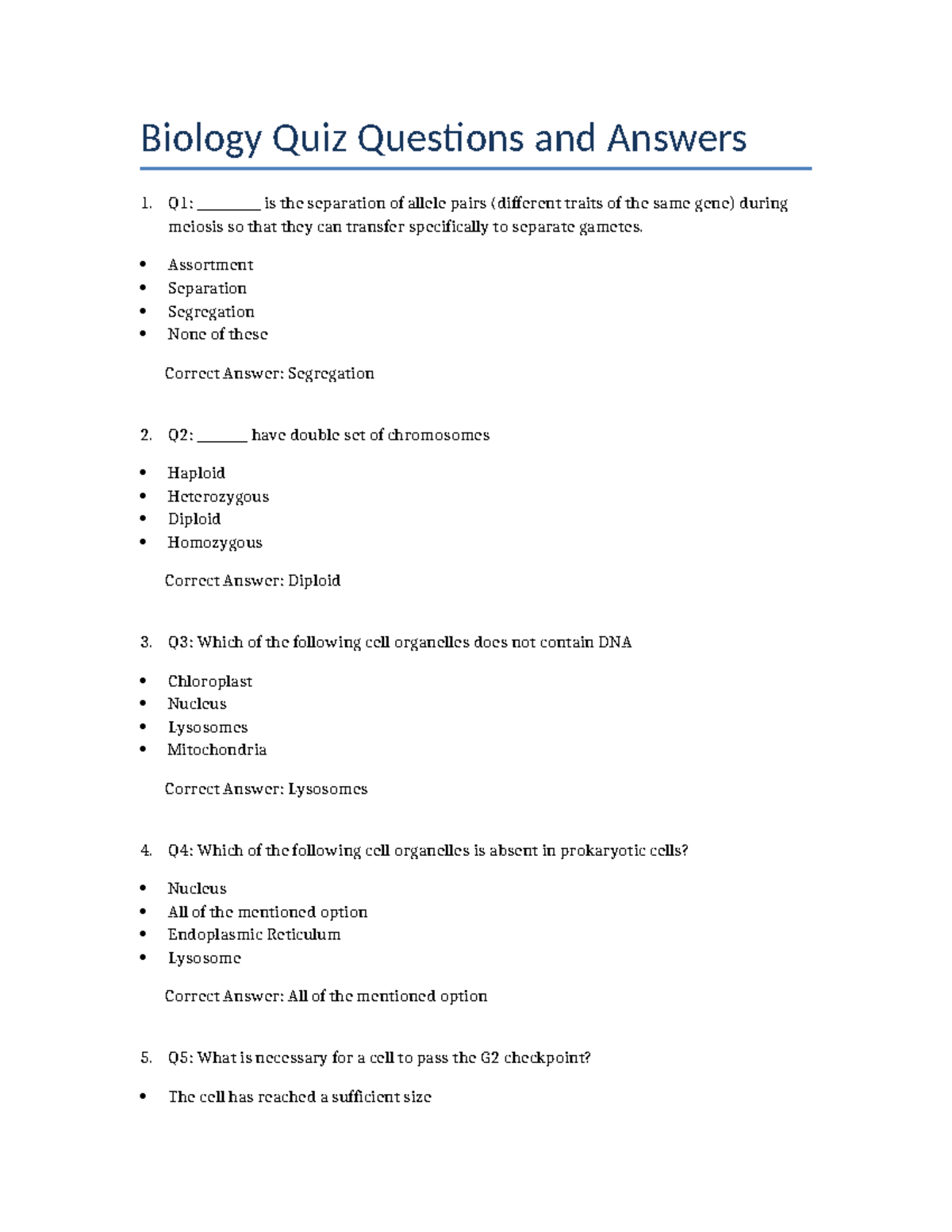 Biology Quiz (BIO101) Questions & Answers Recreated - Studeersnel