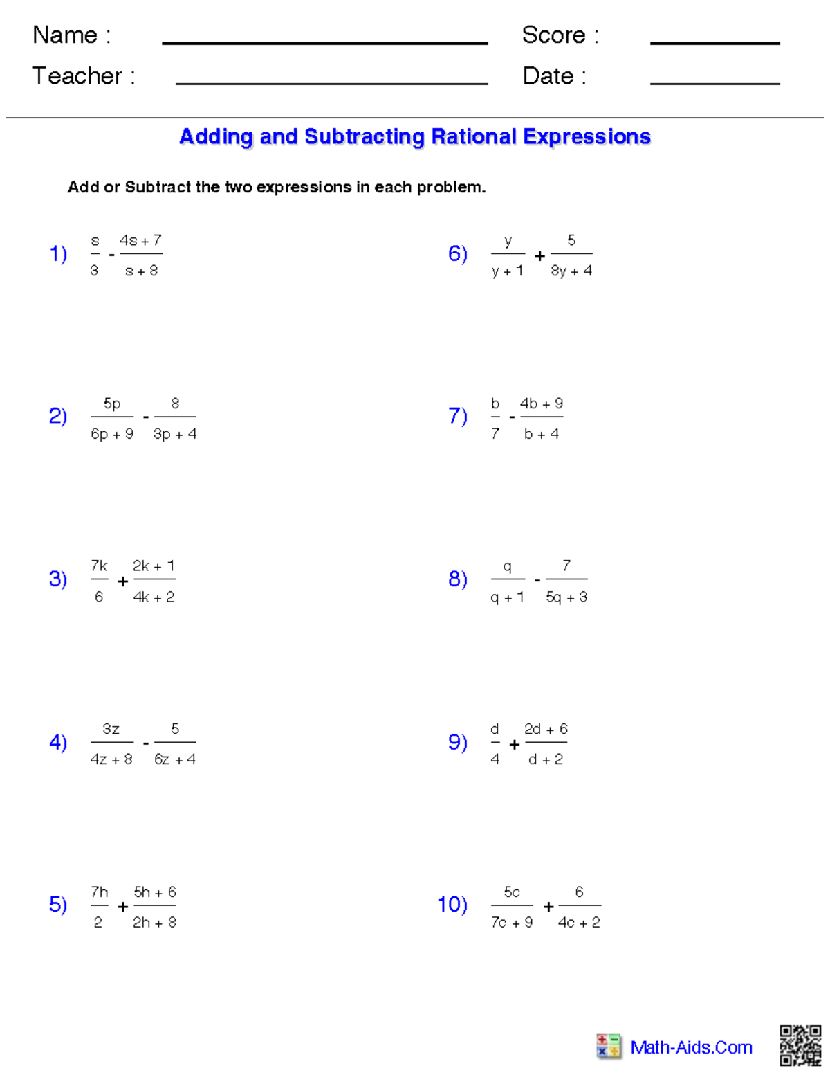 Algebra 1: Adding and Subtracting Rational Expressions (Exam Prep ...