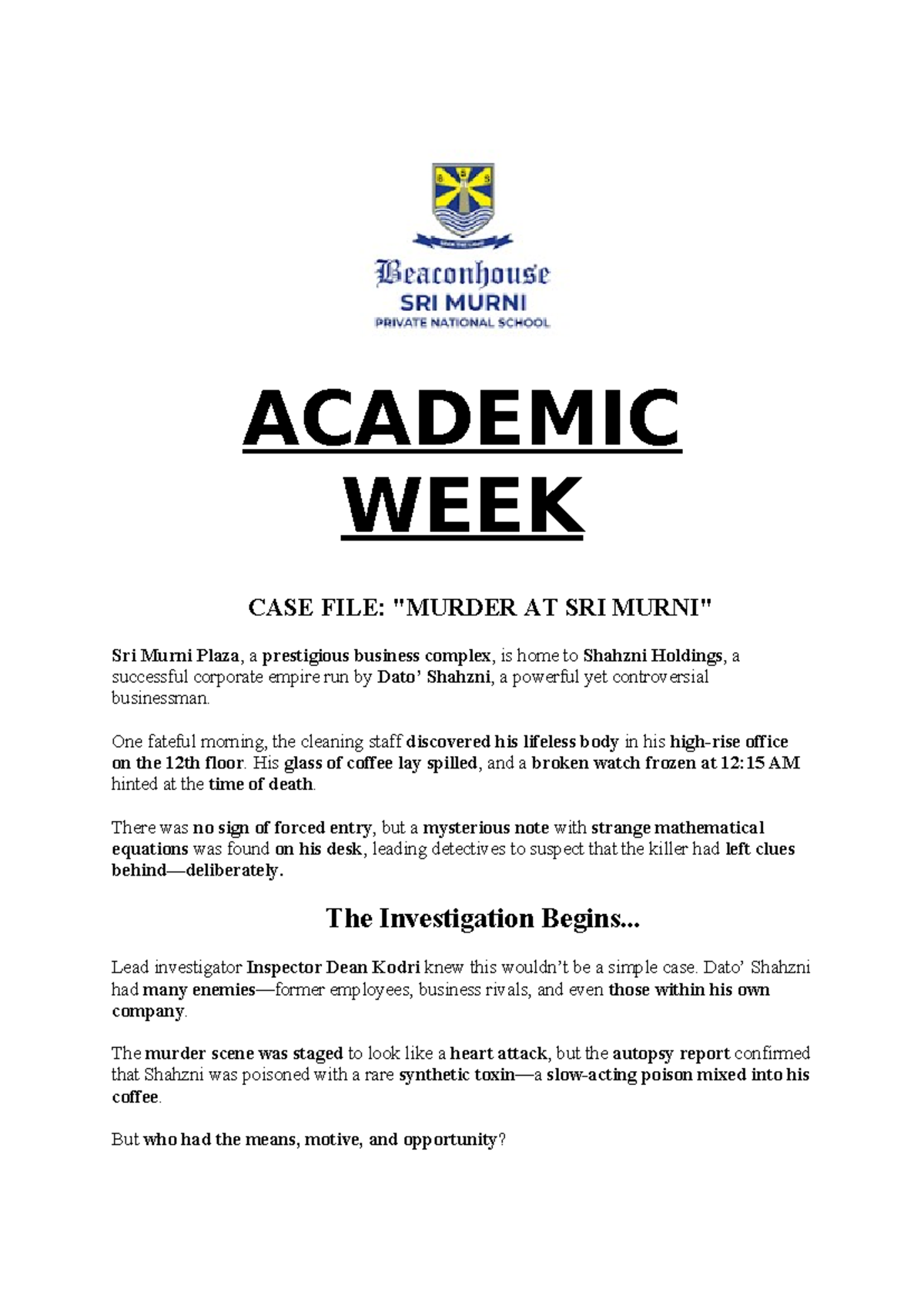 Academic WEEK Mathematics - ACADEMIC WEEK 🔎 CASE FILE: 