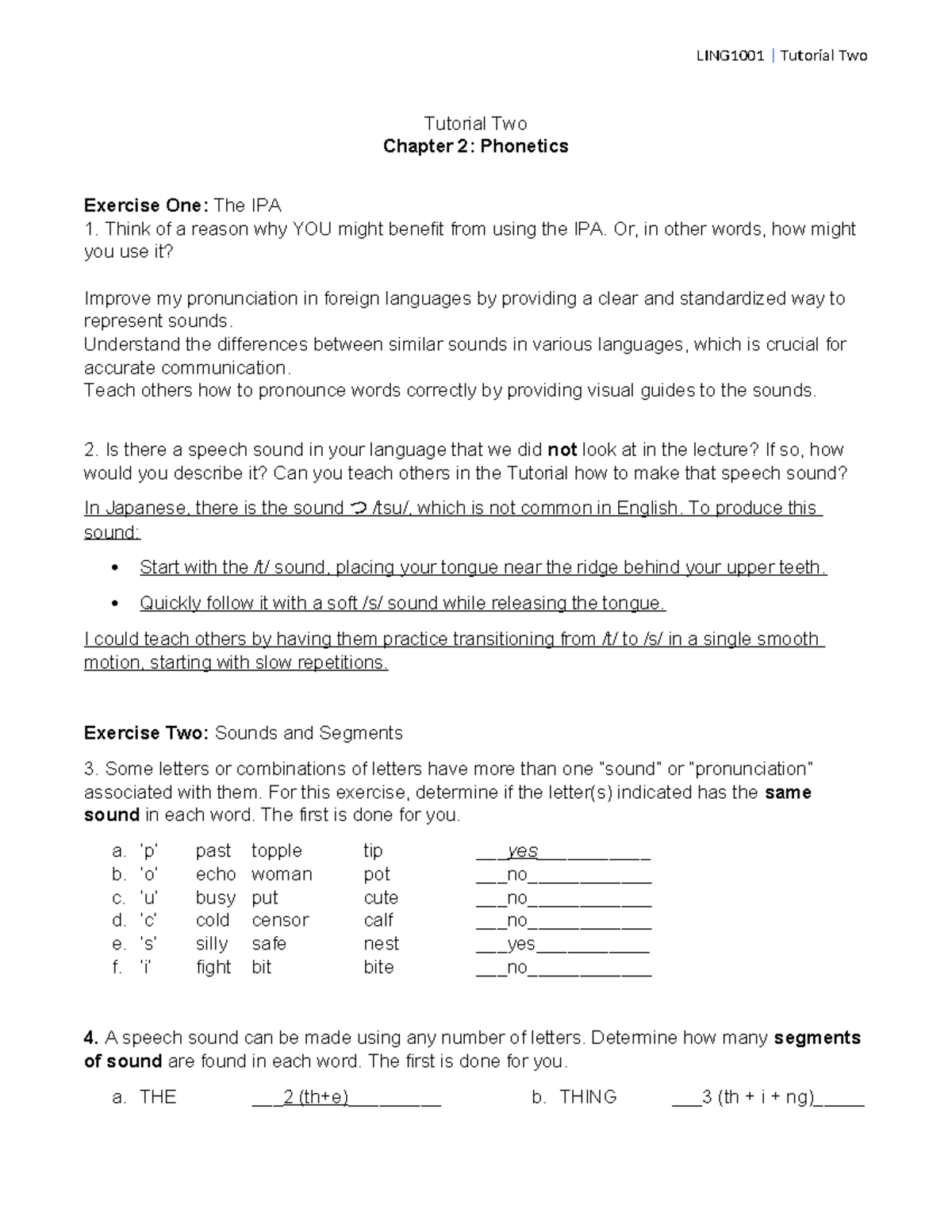 Tutorial 2 LING1001 - Tutorial Two Chapter 2: Phonetics Exercise One ...