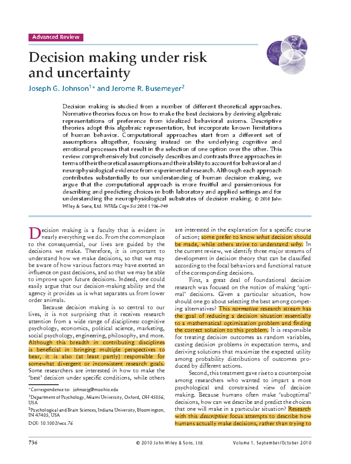 Advanced Review: Decision Making Under Risk and Uncertainty (PSY 2010 ...