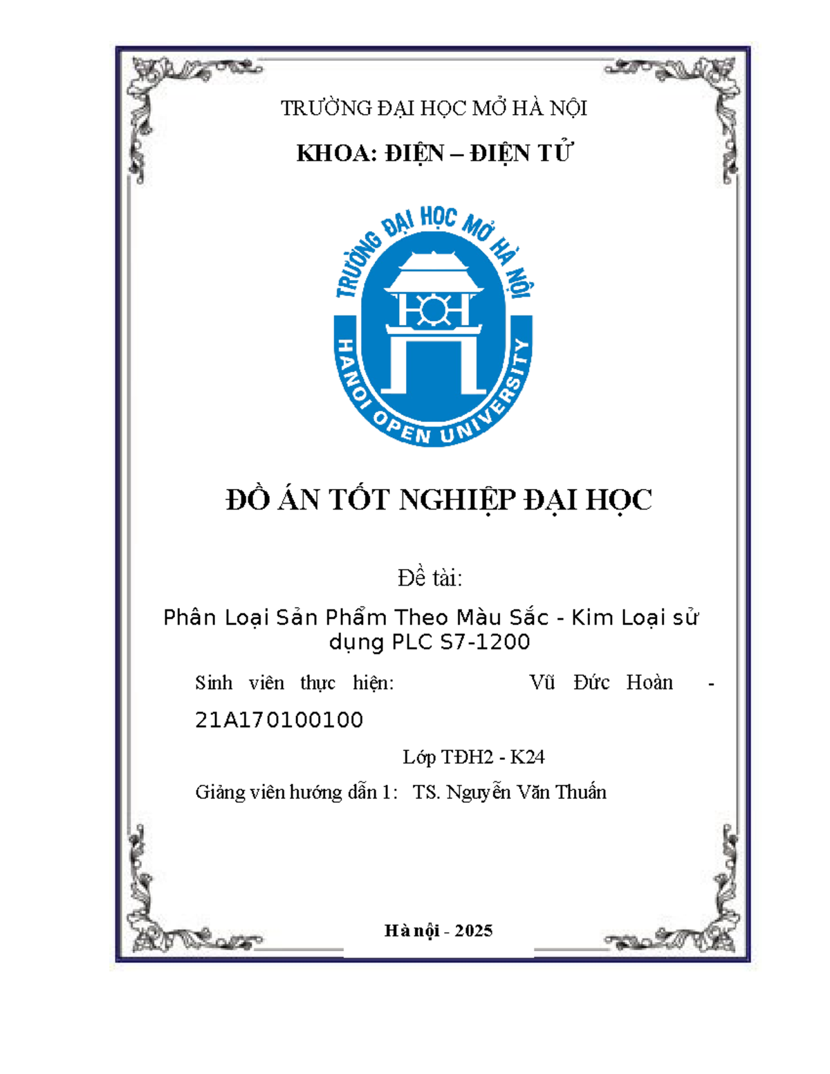 Đồ án Tốt nghiệp: Phân loại Sản phẩm Kim loại sử dụng PLC S7-1200 - Vũ Đức Hoàn - Document Preview