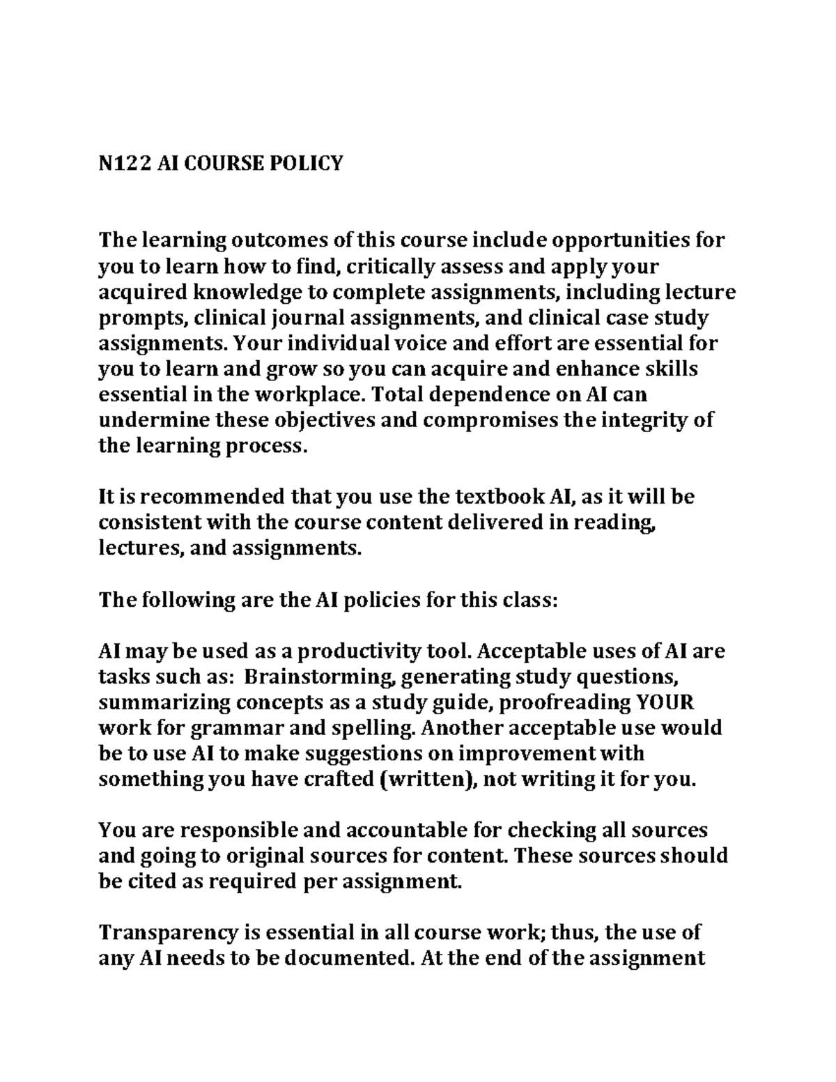 N122 AI Course Policy: Guidelines for Responsible Use - Studocu
