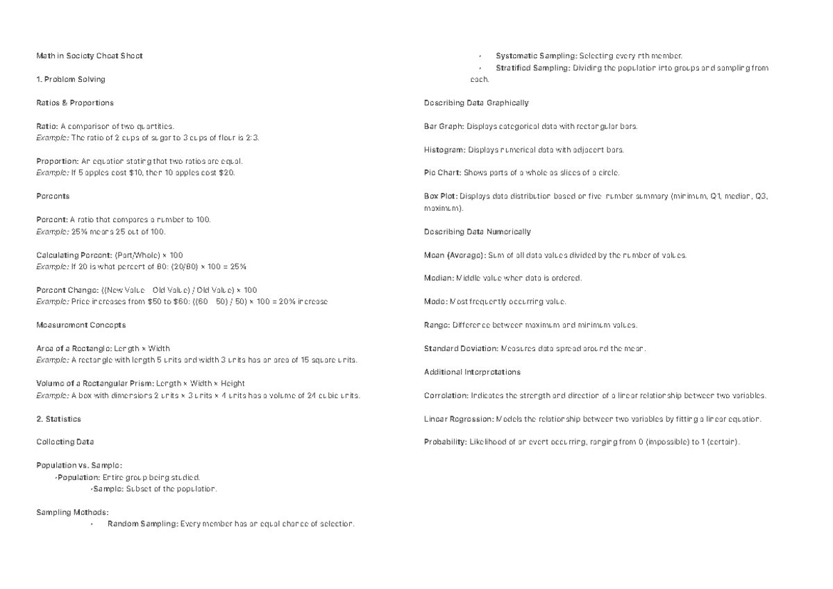 MATH 101: Essential Concepts in Math for Society Cheat Sheet - Studocu
