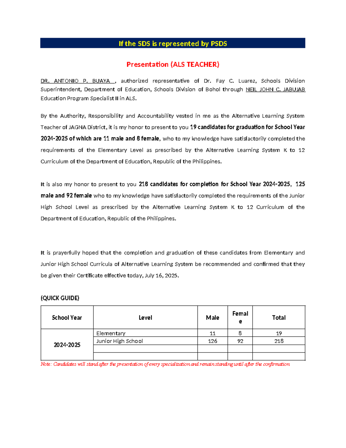 ALS Presentation Script: Graduation & Completion Confirmation 2025 ...