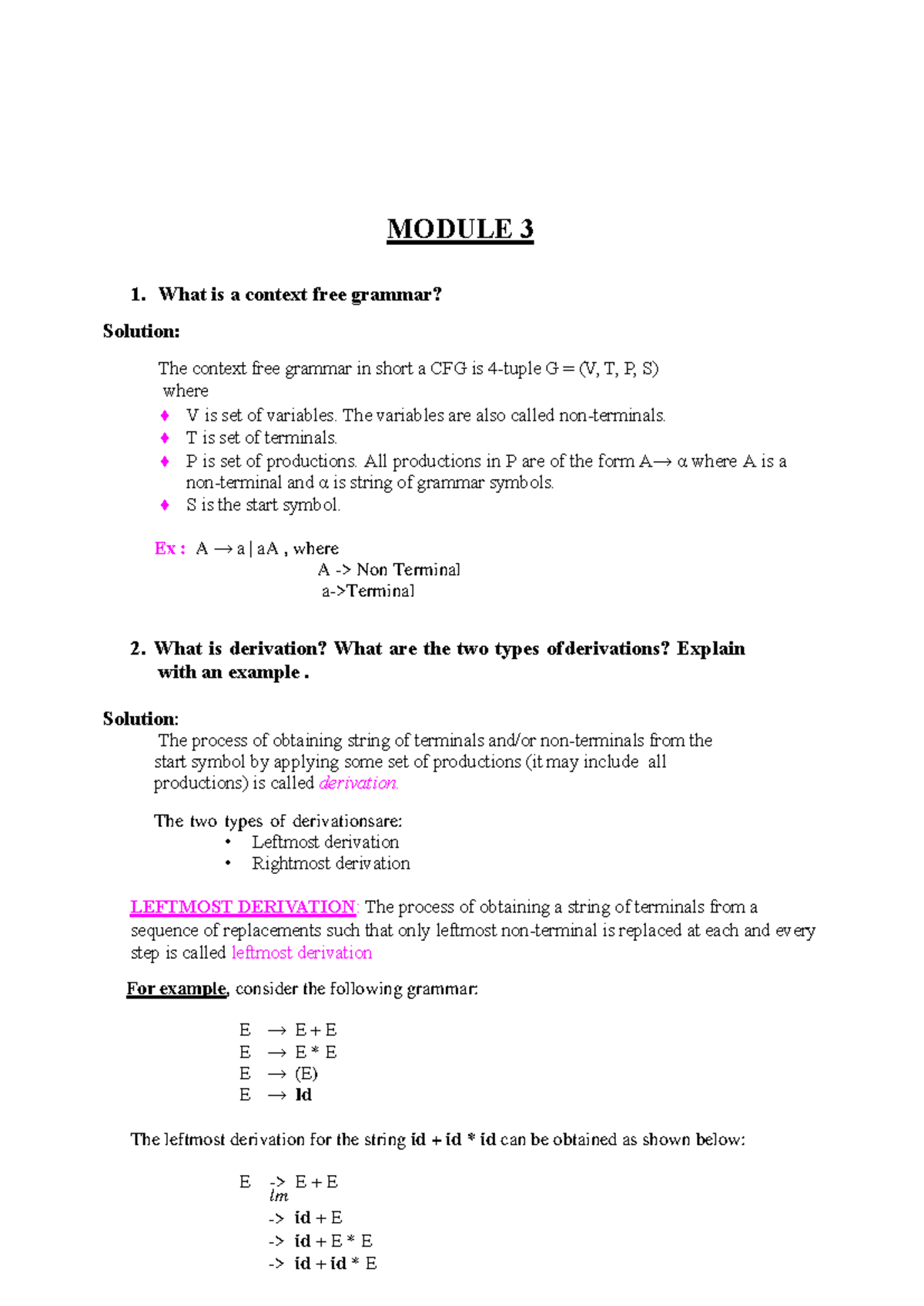 Module 3 - Context Free Grammar and Parsing Concepts Notes - Studocu