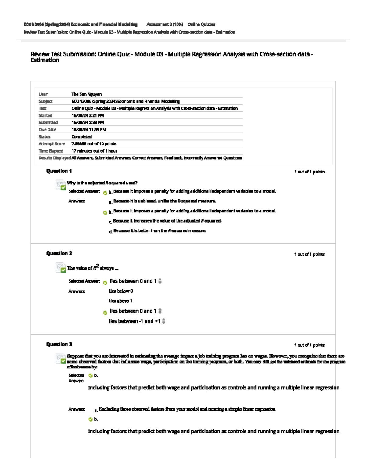 ECON3006 - Online Quiz 03 Review: Multiple Regression Analysis Insights ...
