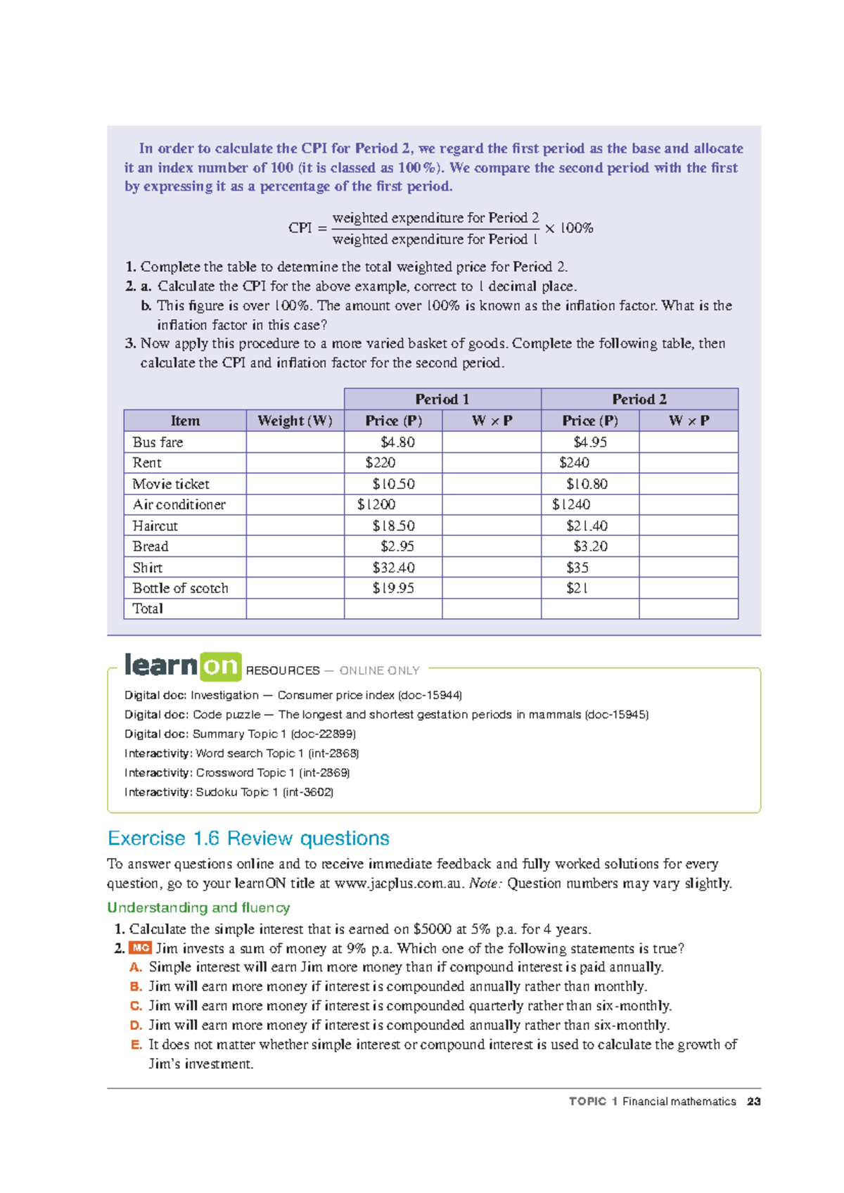 CPI Calculation and Financial Mathematics Exercises (MATH101) - Studocu