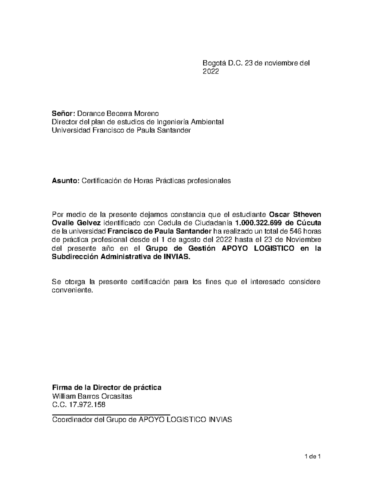 Certificación de 546 Horas Prácticas - Ingeniería Ambiental - Studocu