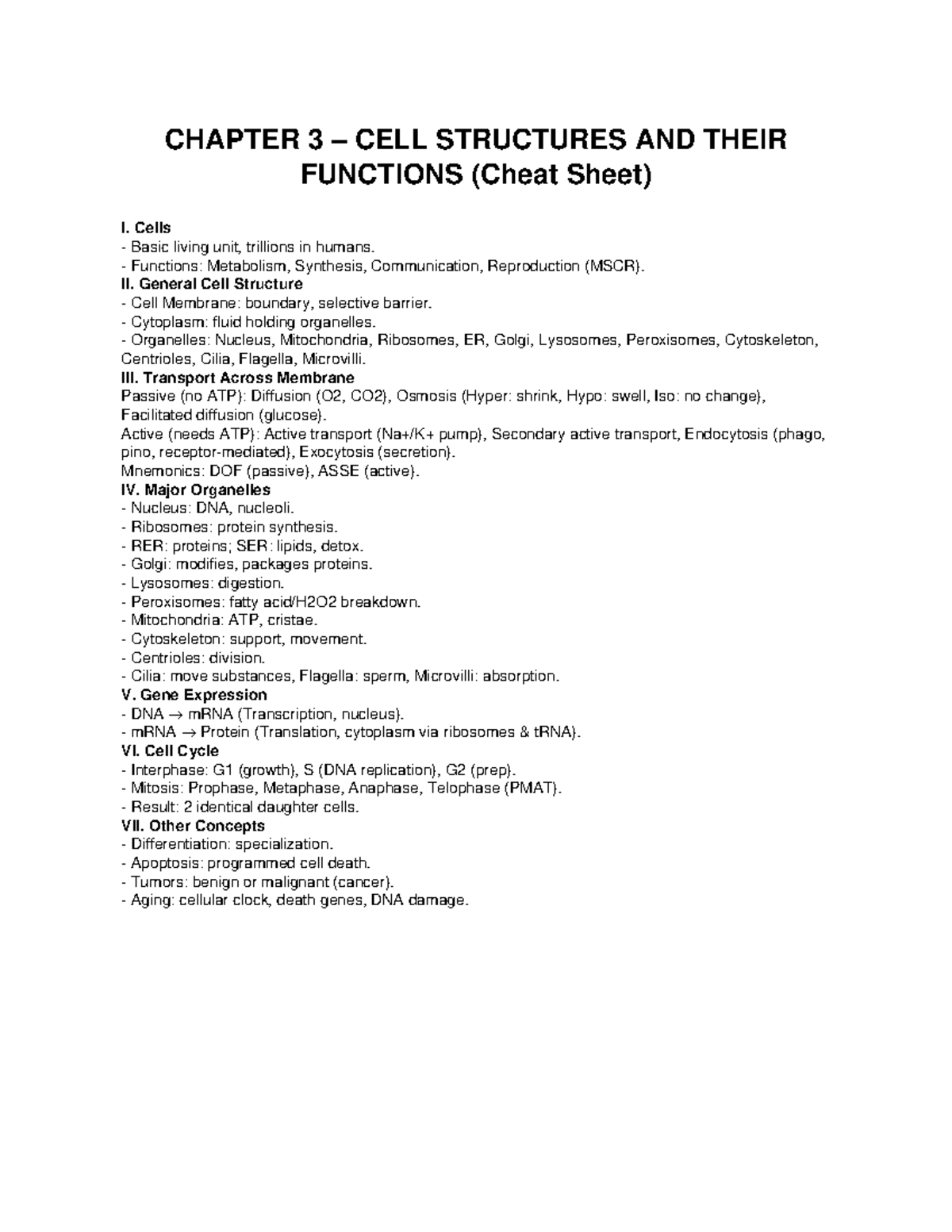 CHAPTER 3 CELL STRUCTURES & FUNCTIONS (Cheat Sheet) - Studocu