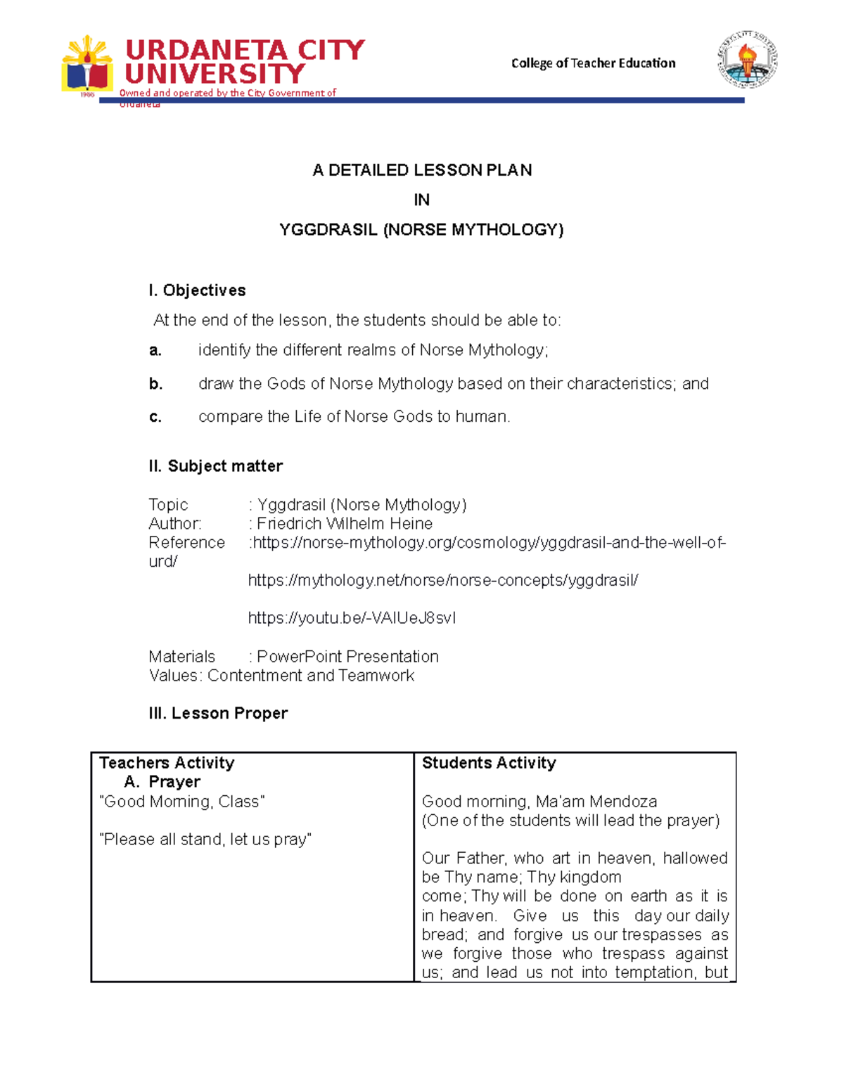 YGGDRASIL: A Detailed Lesson Plan on Norse Mythology (LP) - Studocu