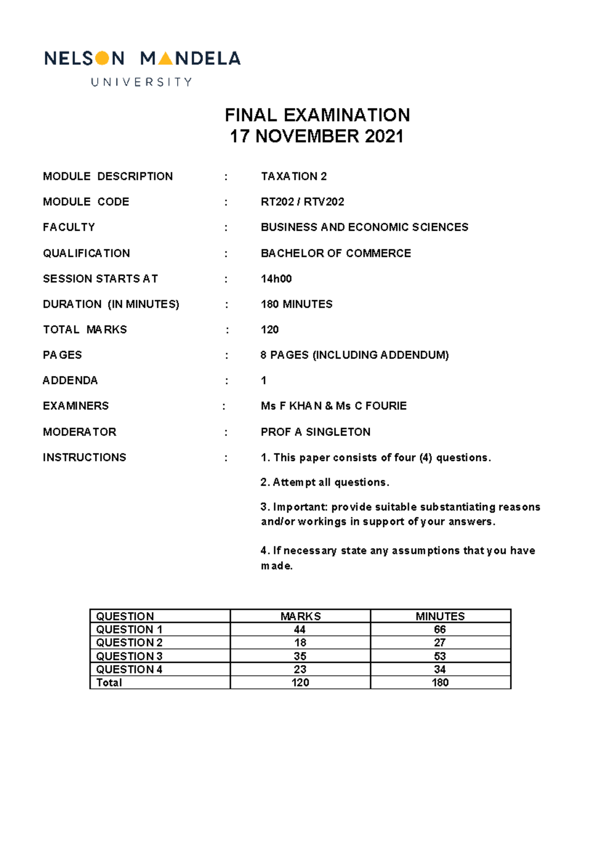 RTV202 Final Exam Question Paper – Taxation 2, November 2021 - Studocu
