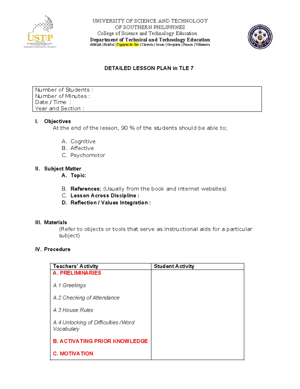 Detailed Lesson Plan for TLE 7 - University of Science and Technology ...