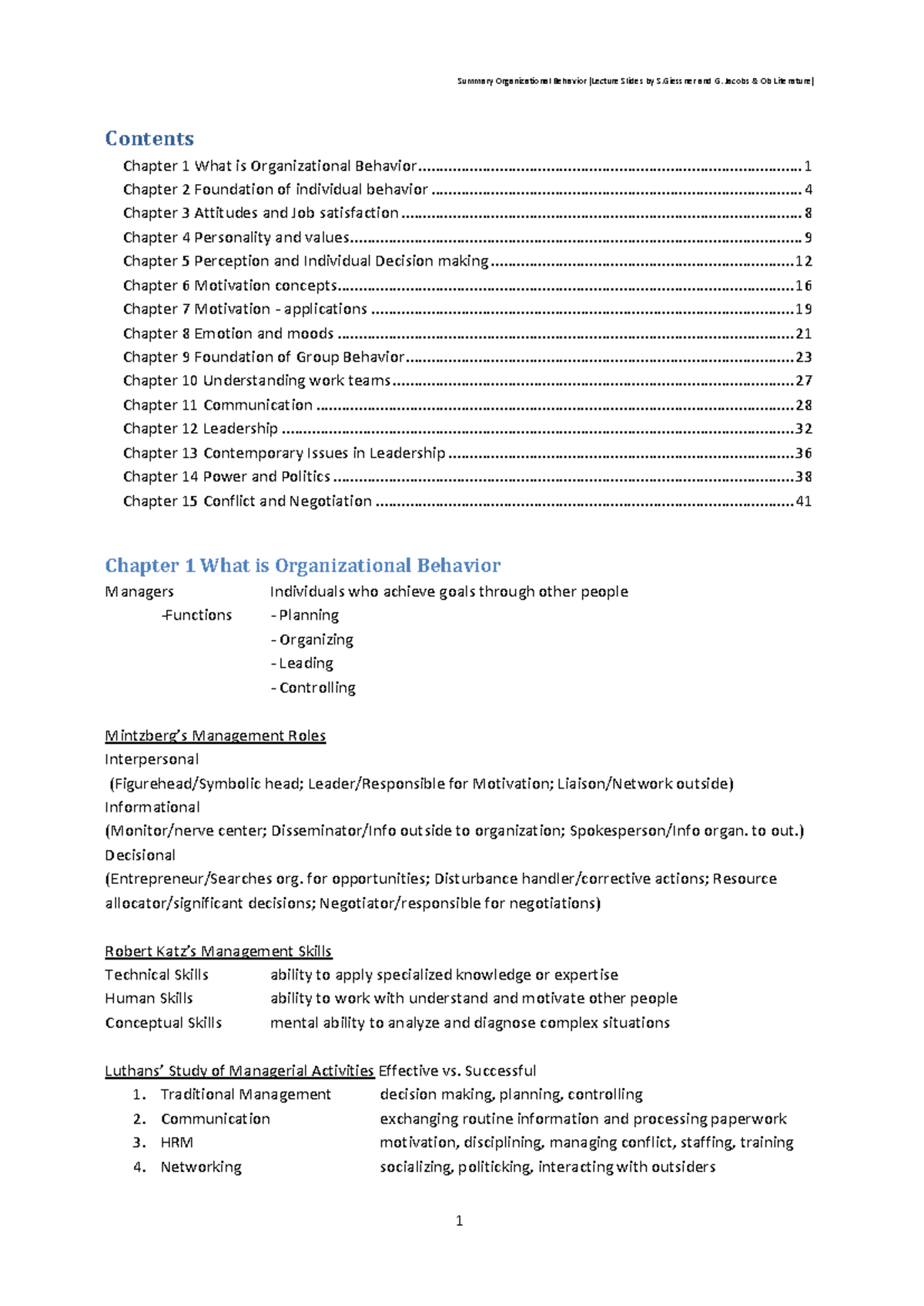 Summary Chapter 1-15 Organizational Behaviour - Contents Chapter 1 What ...
