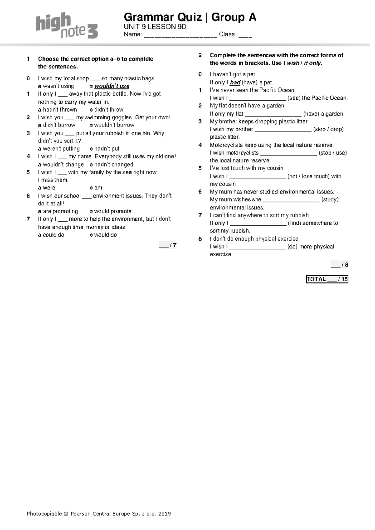 High Note 3 U9D Grammar Quiz A - Grammar Quiz | Group A UNIT 9 LESSON ...