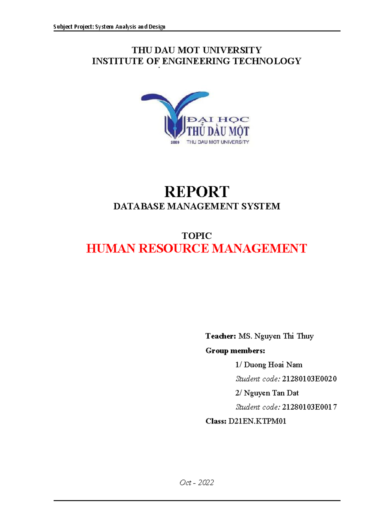Final Report on Database Management System - D21EN.KTPM - Studocu