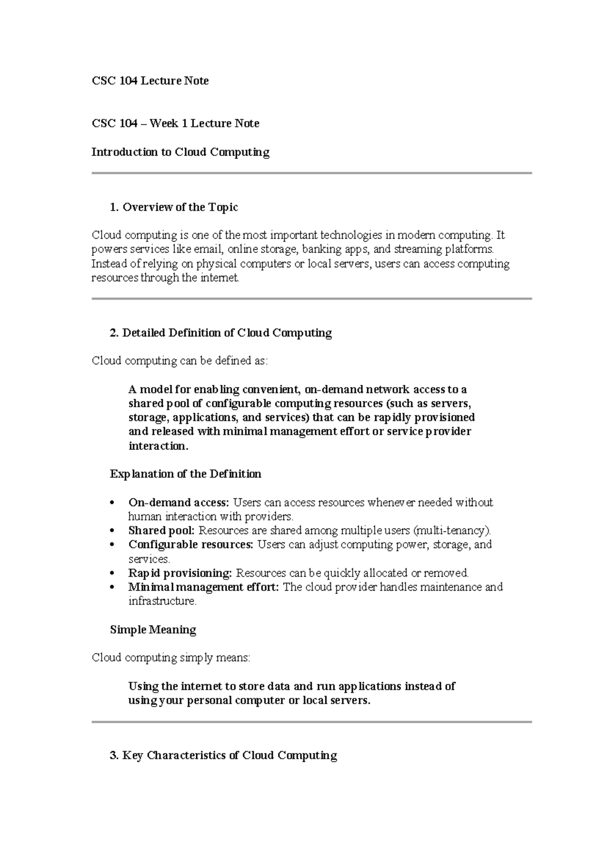 CSC 104 Week 1-4 Lecture Notes: Introduction to Cloud Computing ...