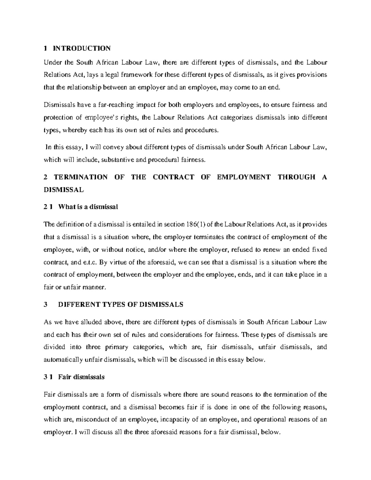 LEL313E Essay on Types of Dismissals in South African Labour Law - Studocu