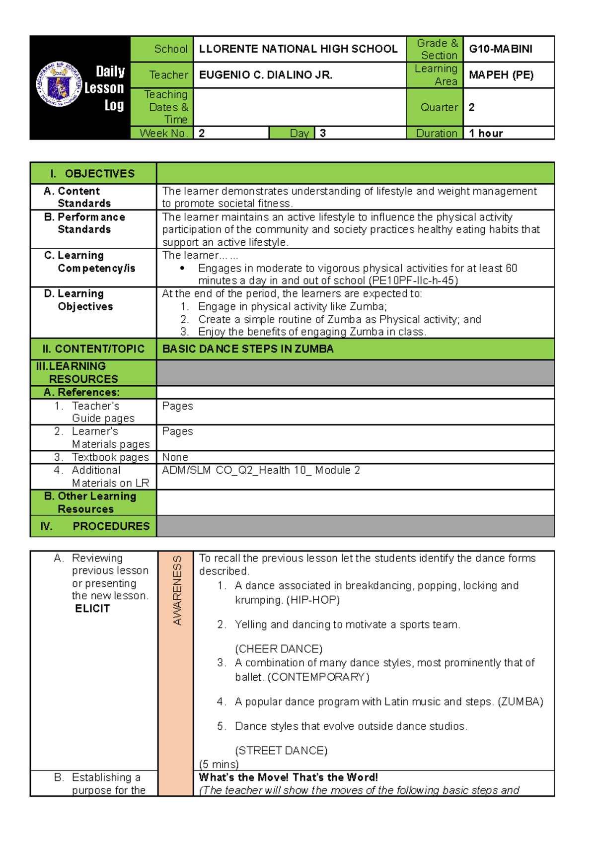 Q2-COT-LP PE10 Lesson Log: Basic Dance Steps in Zumba - Studocu