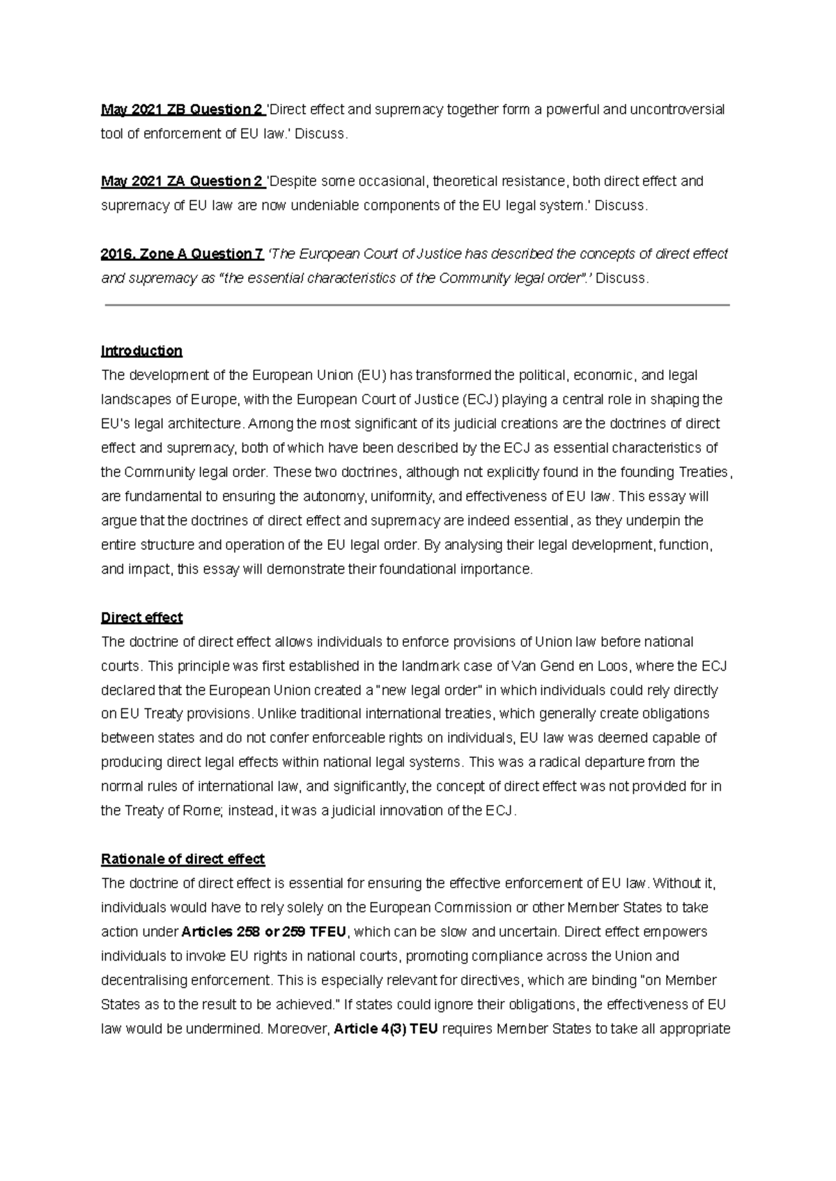 EU Law: Direct Effect & Supremacy - May 2021 Exam Analysis - Studocu