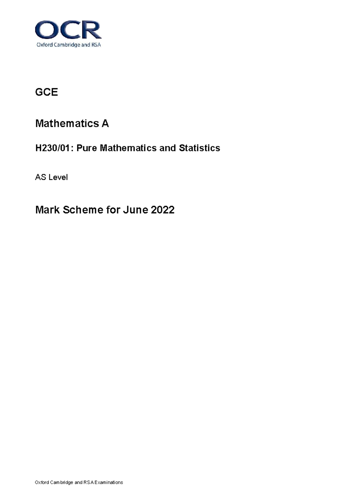 GCE Mathematics A Level AS Pure & Stats Mark Scheme - June 2022 - Studocu