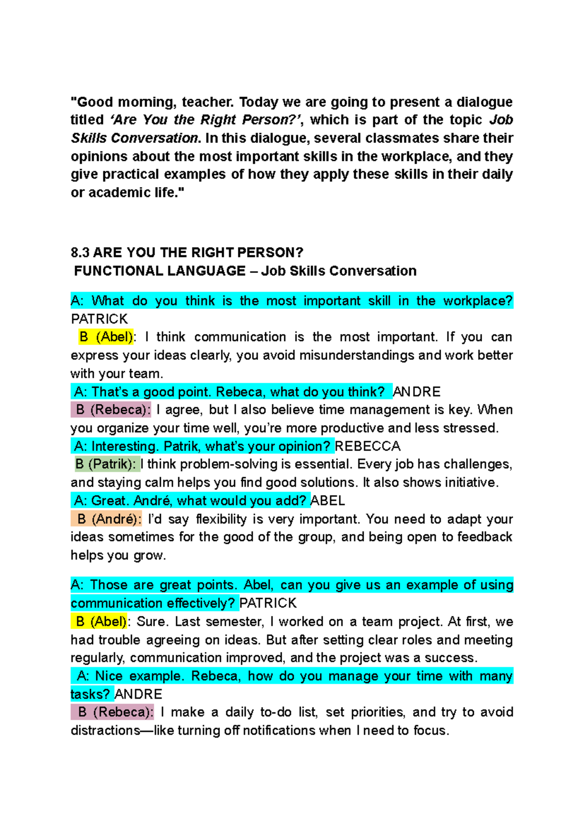 Job Skills Conversation: You the Right Dialogue Analysis - Studocu