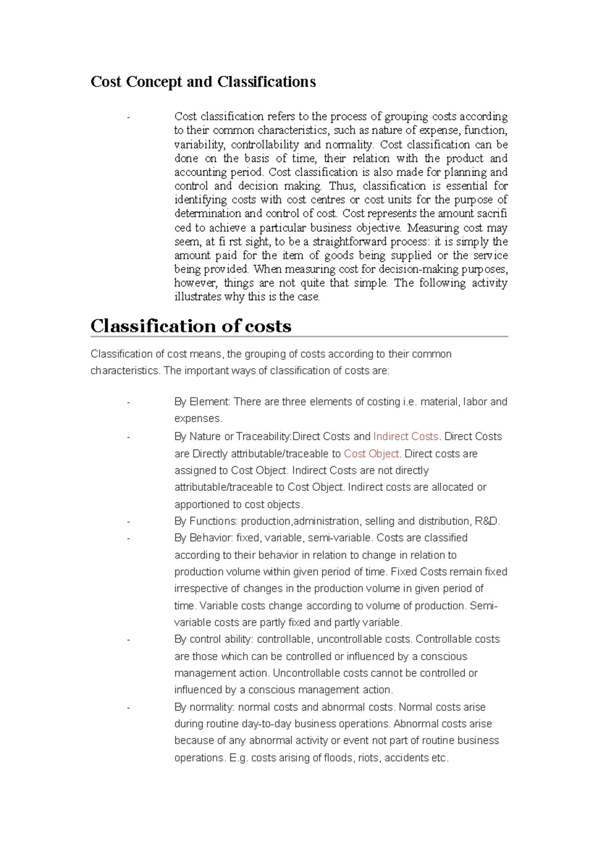 Cost Concepts and Classifications Overview for ACC 101: Class Notes ...