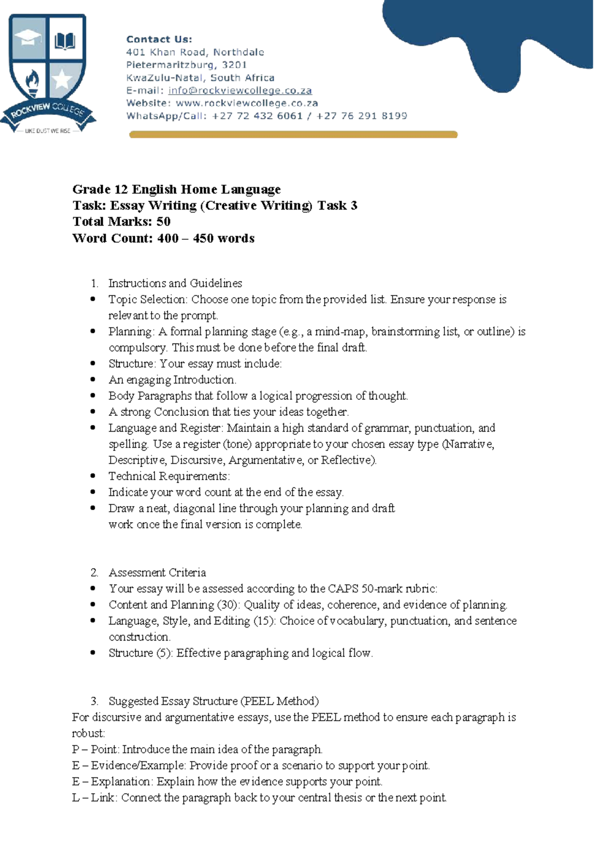 Grade 12 English HL Task 3: Creative Essay Writing Guide - Studocu