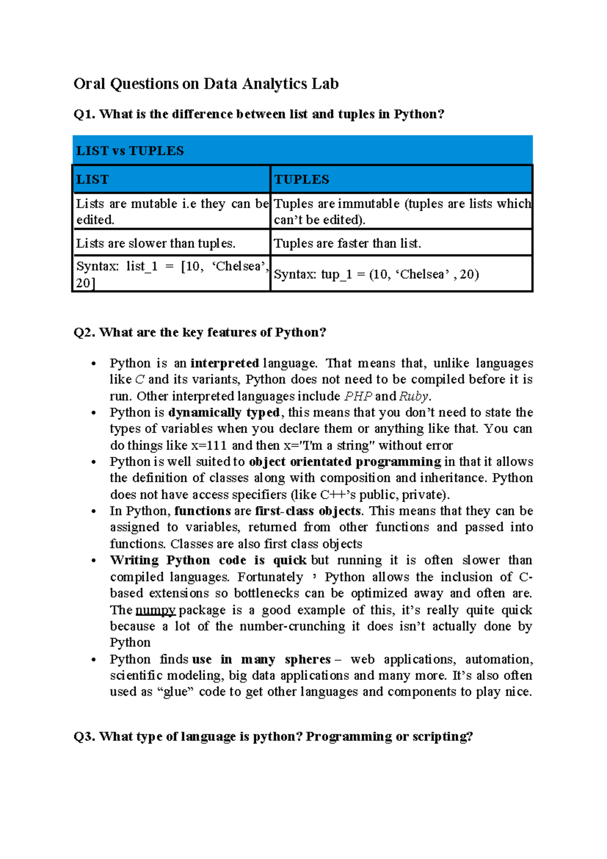 Data Analytics Lab 1: Oral Questions and Answers Review - Studocu