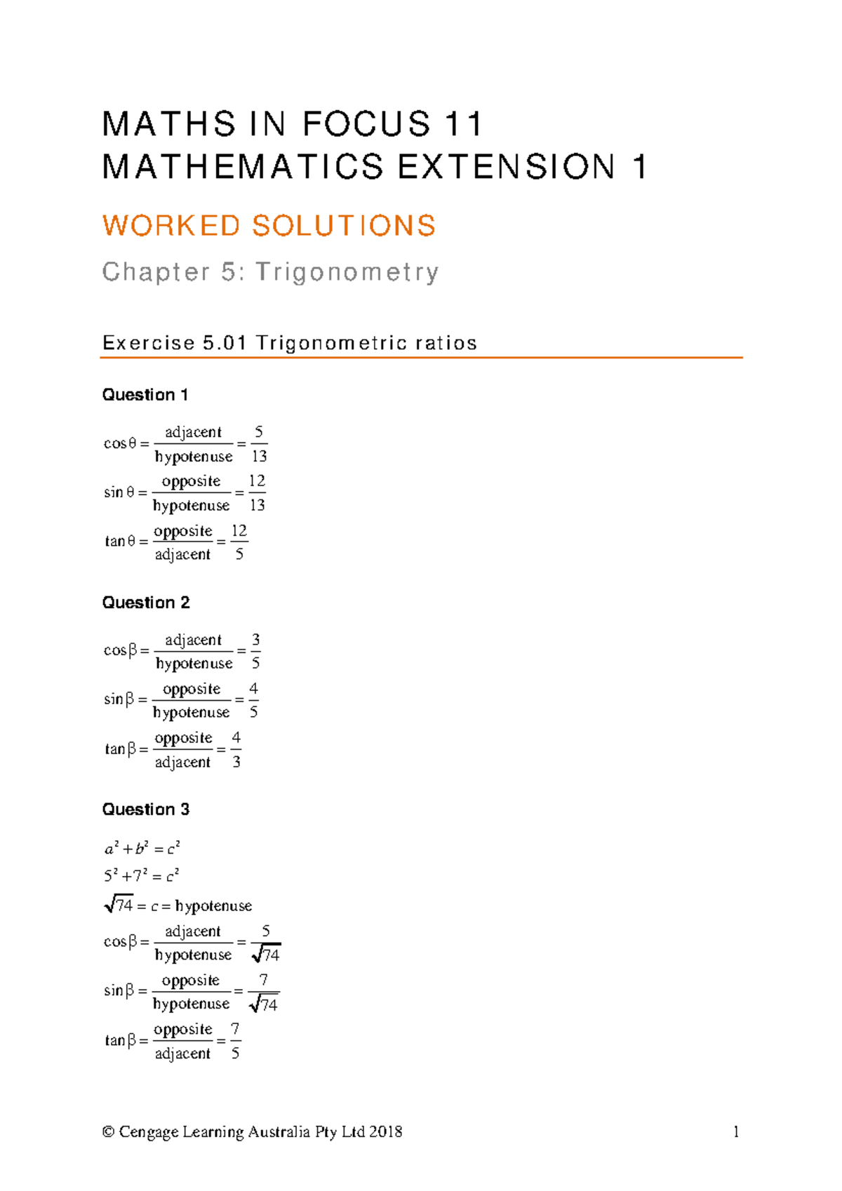 Year 11 Mathematics Extension 1 Chapter 5: Trigonometry Solutions - Studocu