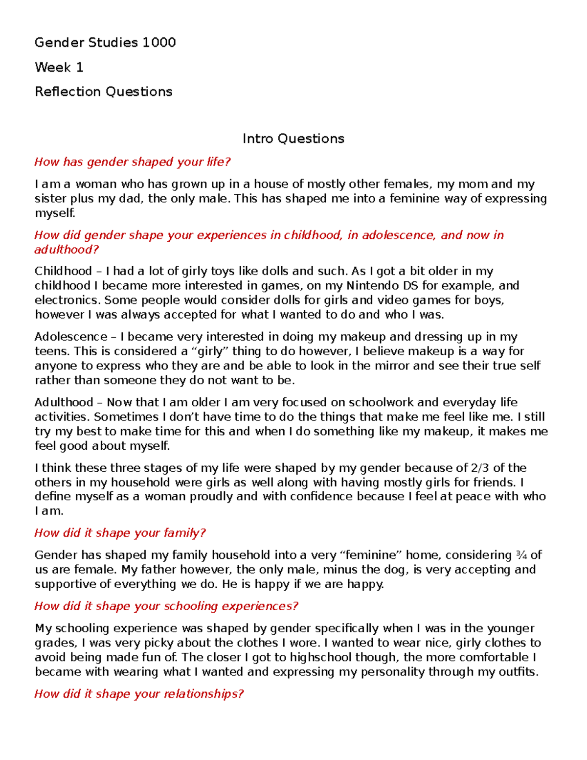 Gender Studies 1000 - Week 1 - Reflection Questions - Gender Studies ...