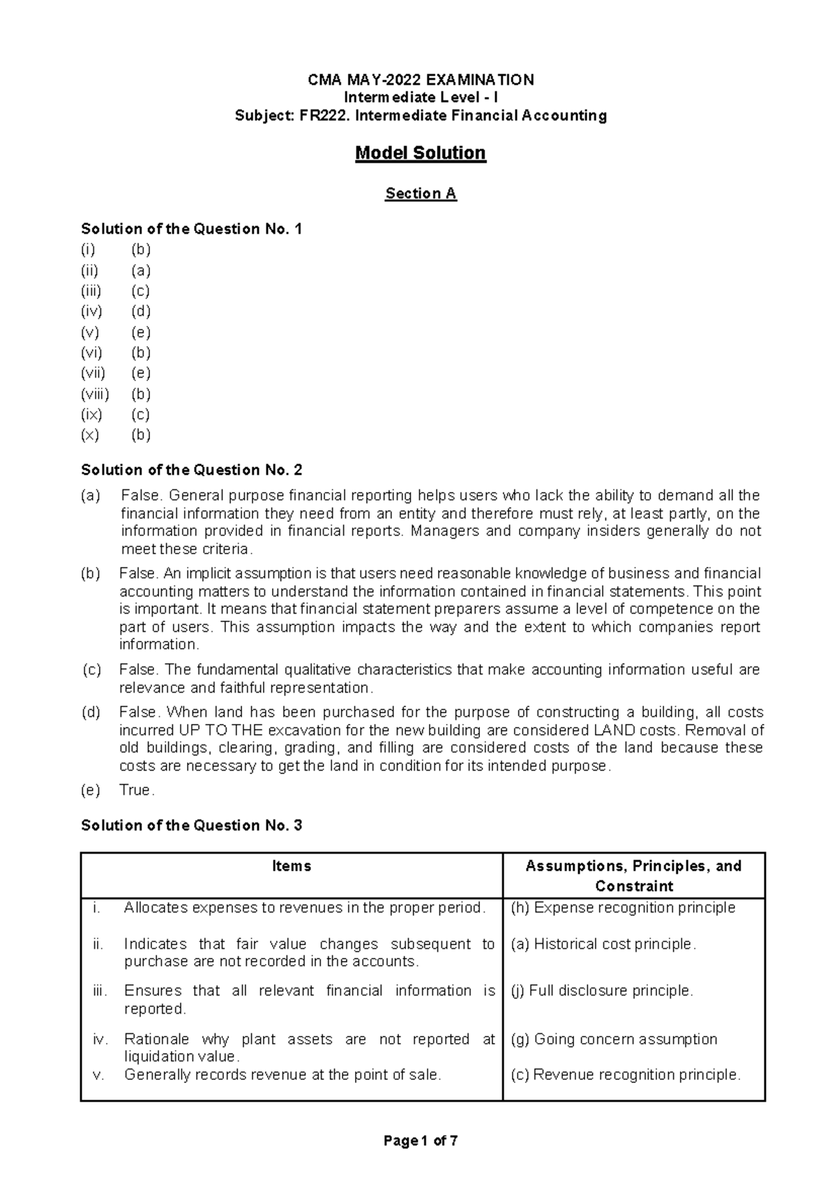CMA EXAM Intermediate Level I: Financial Accounting Model Solutions ...