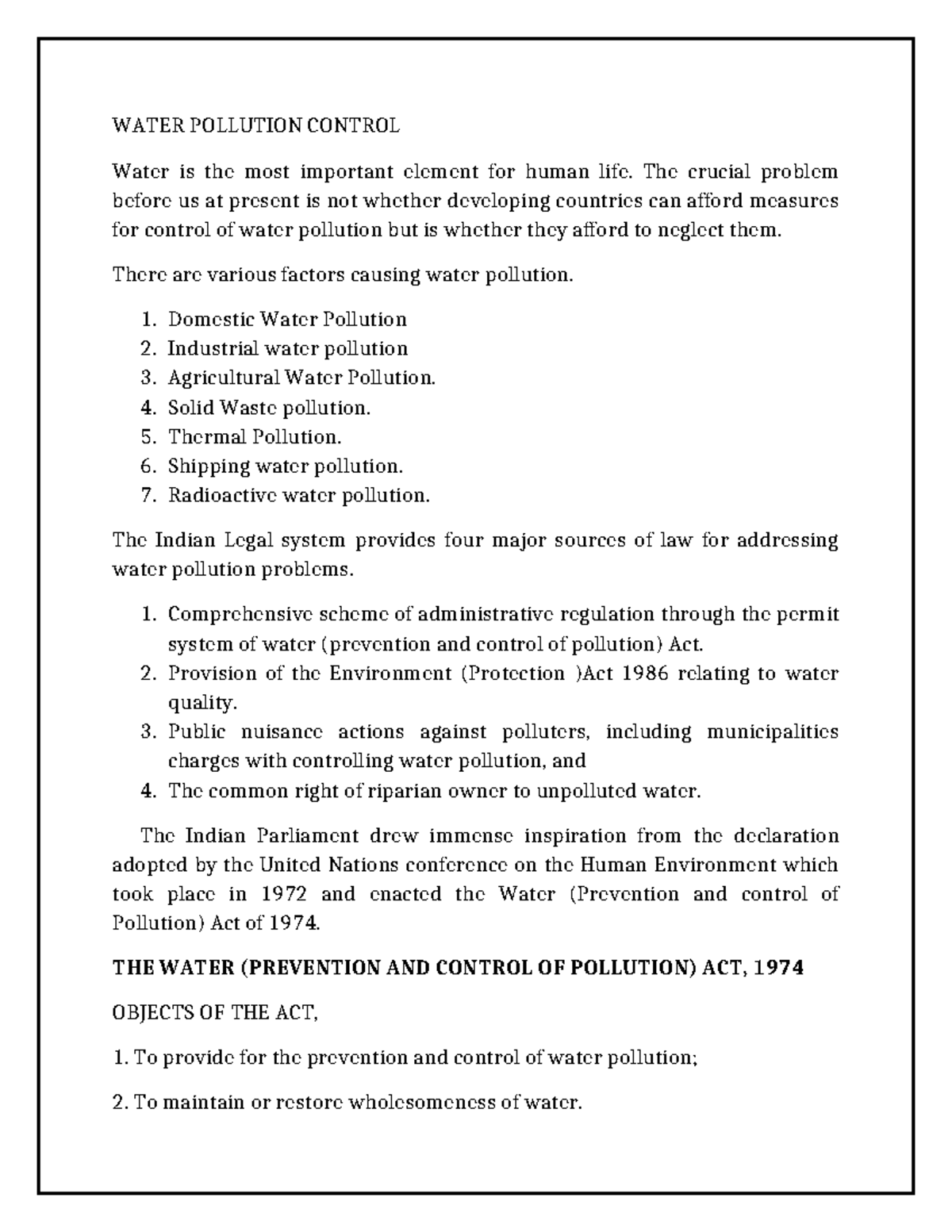 EVS Unit-4 Water Pollution Control: Legislation & Measures - Studocu
