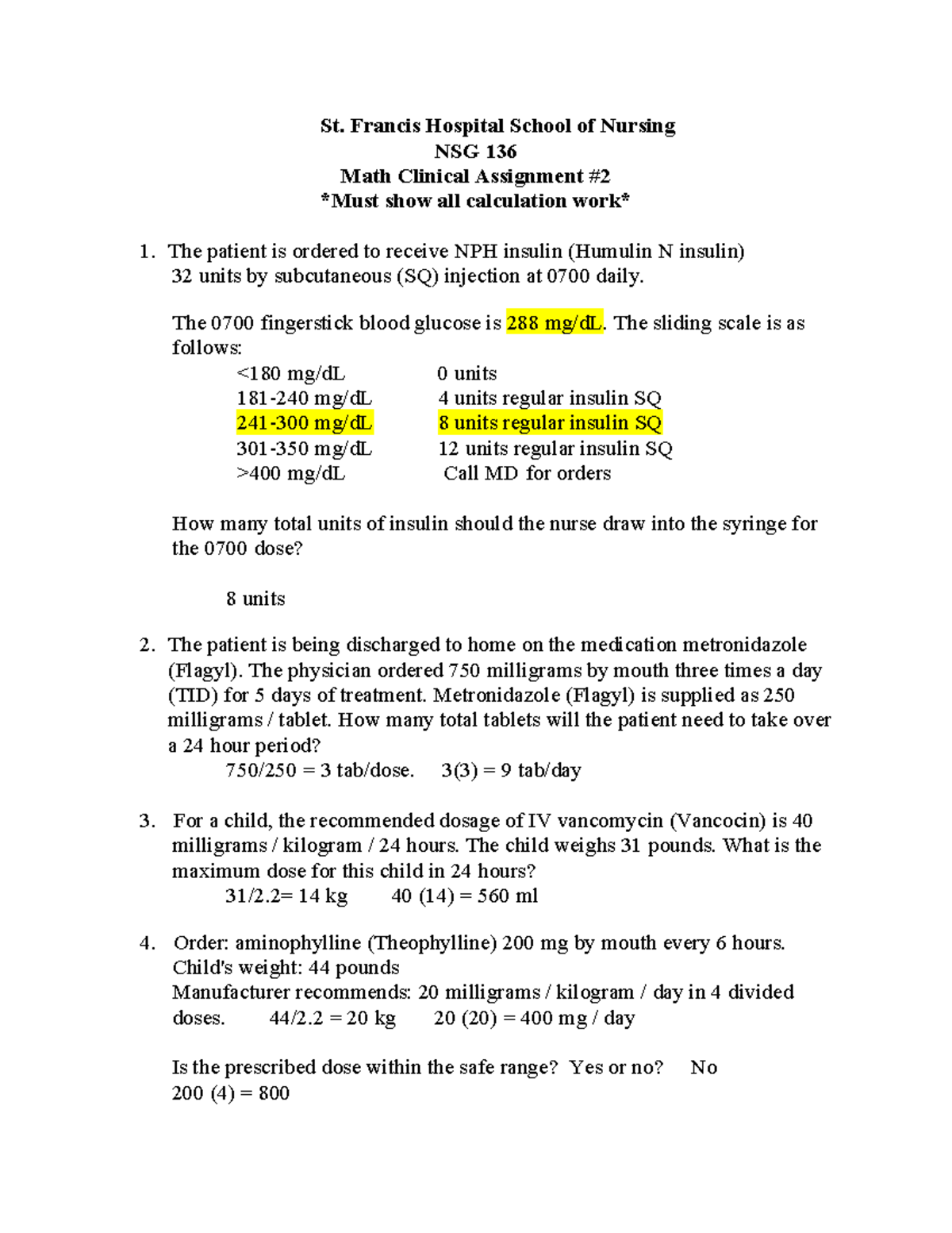 NSG 136 Clinical Math Assignment #2: Insulin & Medication Calculations ...
