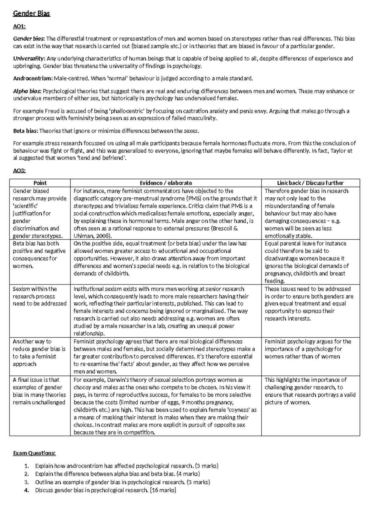 Gender Bias and Cultural Bias in Psychology: Issues and Debates (PSY101 ...