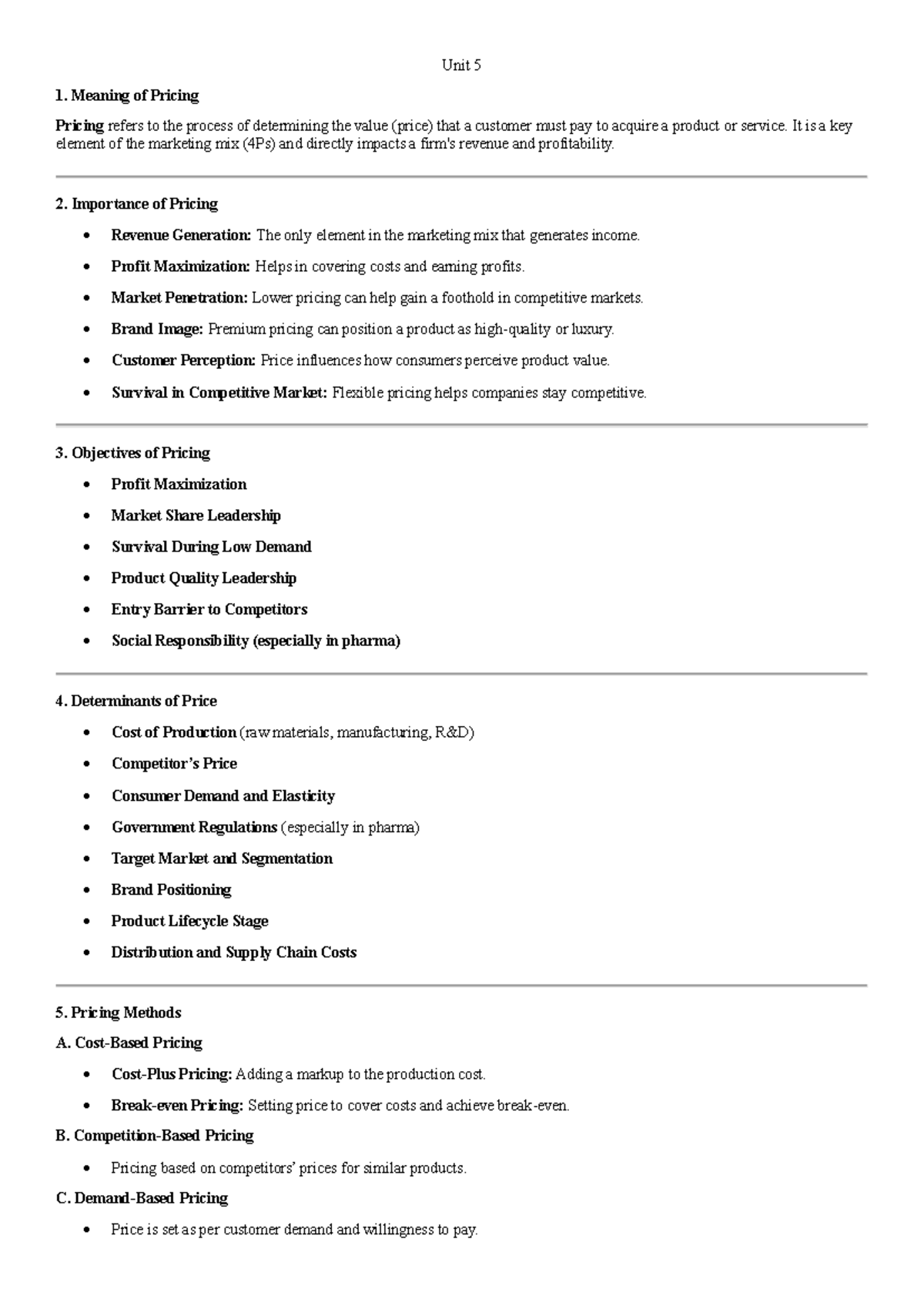 Marketing Notes - Unit 5: Pricing Strategies and Pharmaceutical ...