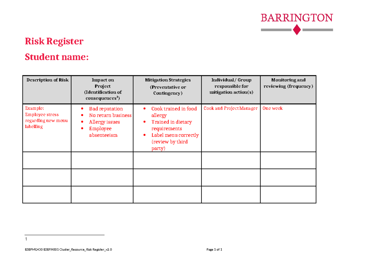 RISK Register - BUS DIP - Business Diploma - Risk Register Student name ...