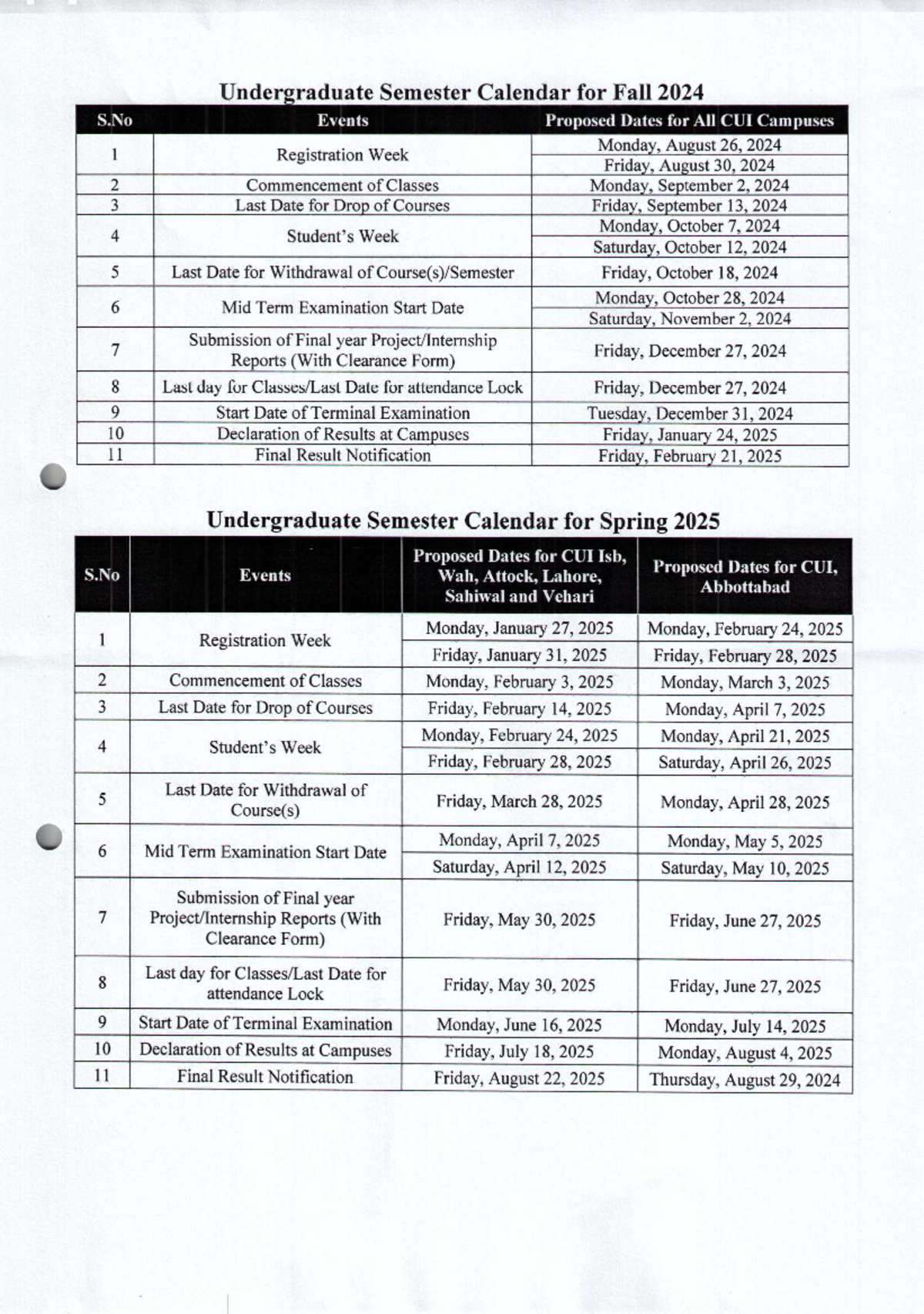 Semester Calandar FALL 2024 Undergraduate Semester Calendar for Fall