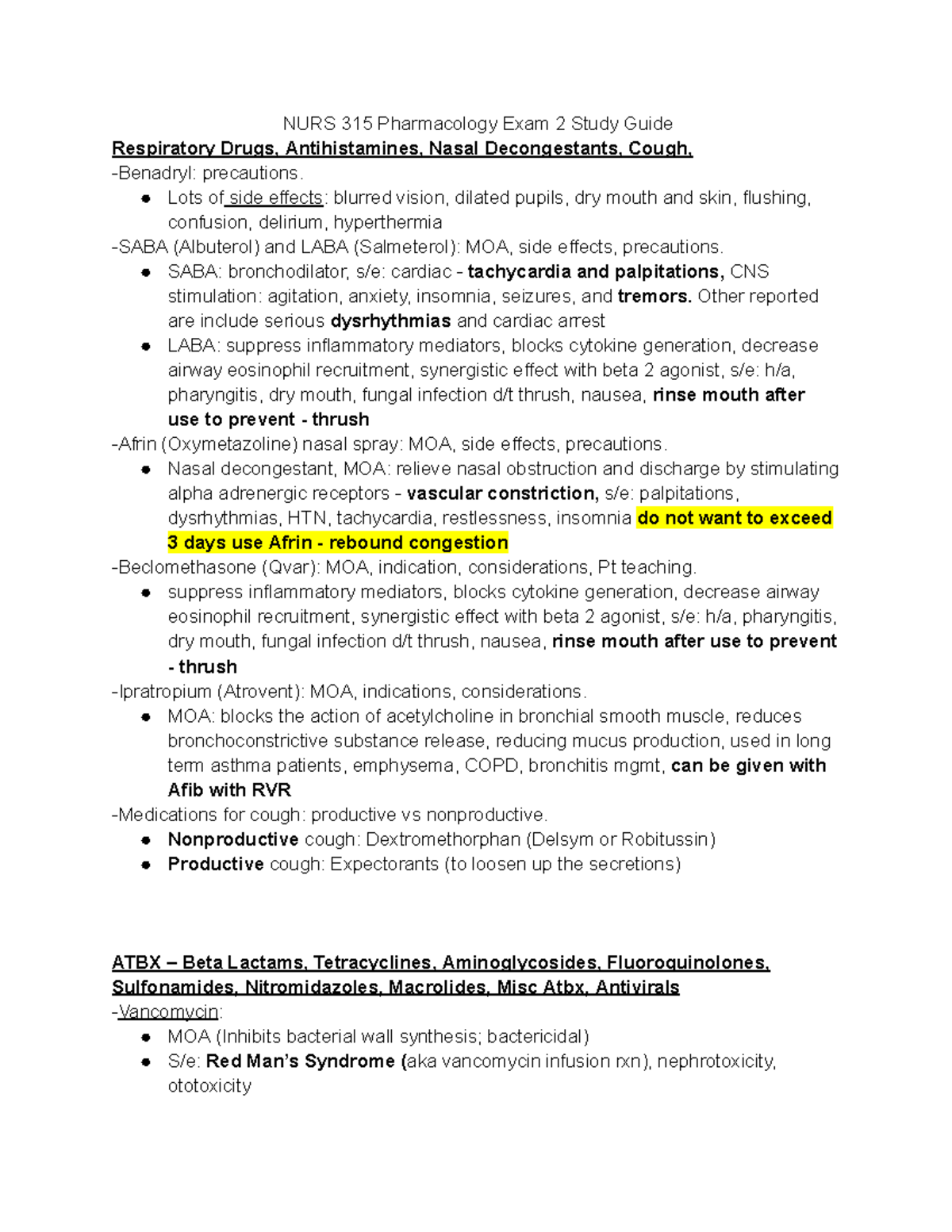NURS 315 Pharmacology Exam 2 Study Guide: Key Concepts & Medications ...
