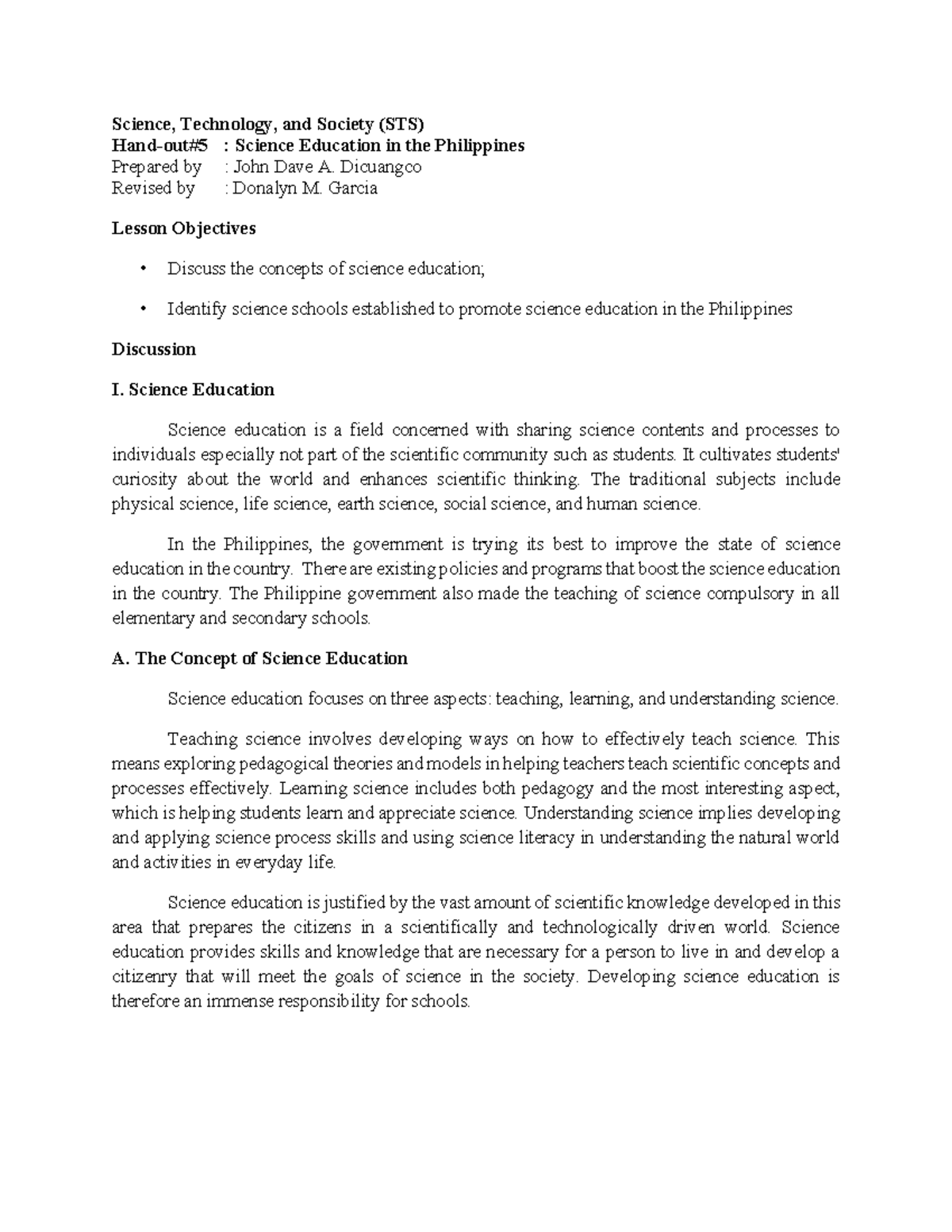 HO5 - Science Education in the Philippines: Concepts and Schools - Studocu