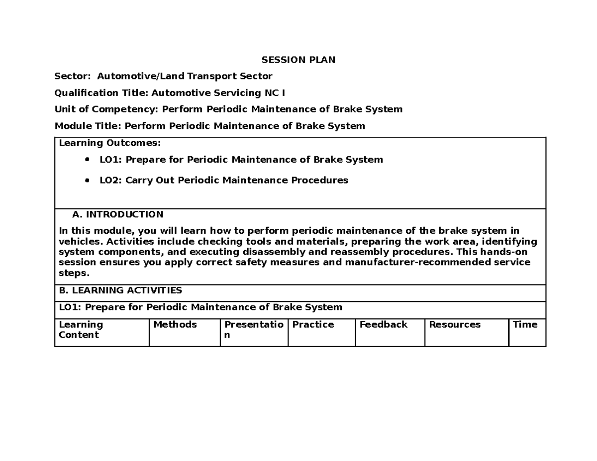 Automotive Servicing NC I: Session Plan for Brake System Maintenance ...