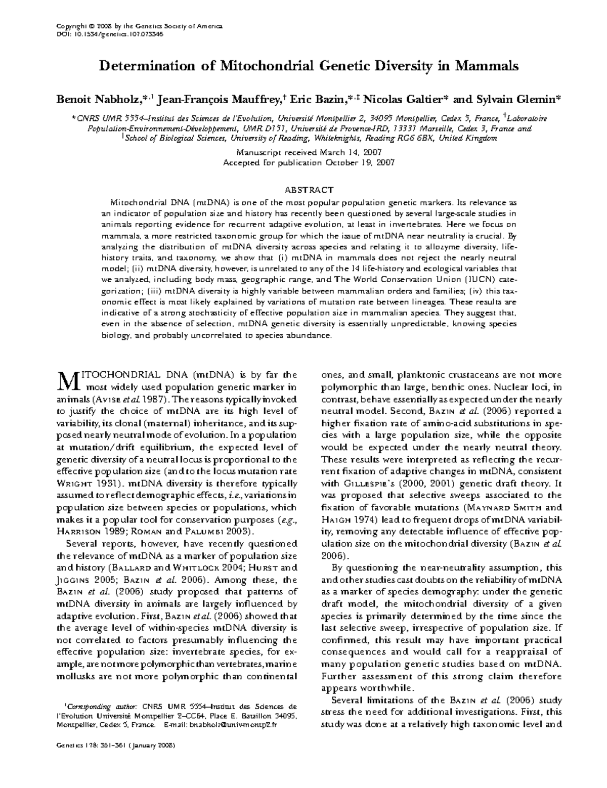 Determination of Mitochondrial Genetic Diversity in Mammals - Bsc ...